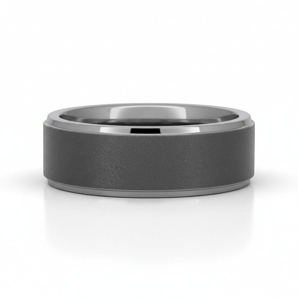 Selman's Jewelers men's tungsten wedding band with sandblast finish and grooved edge, size 10.5.