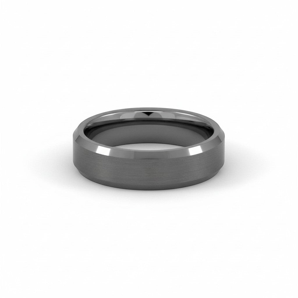 Selman's Jewelers men's tungsten wedding band with beveled edge and satin finish, size 12.5.