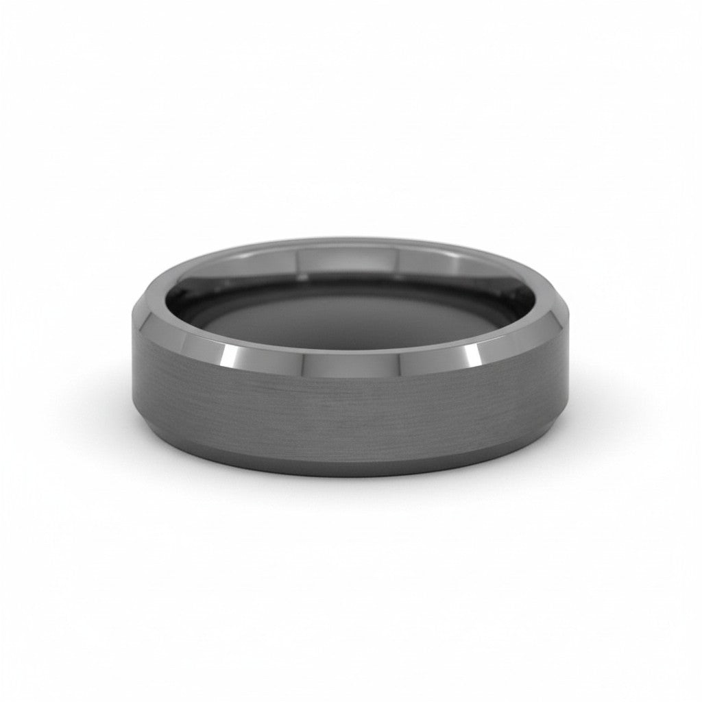 Selman's Jewelers men's tungsten wedding band with beveled edge and satin finish, size 11.5.