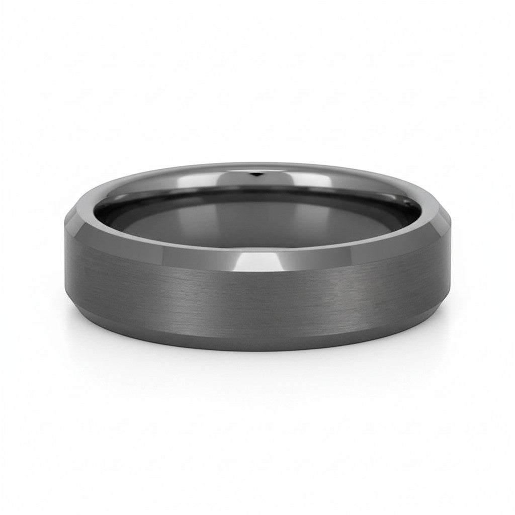 Selman's Jewelers men's tungsten wedding band, size 13, with beveled edges and satin finish.