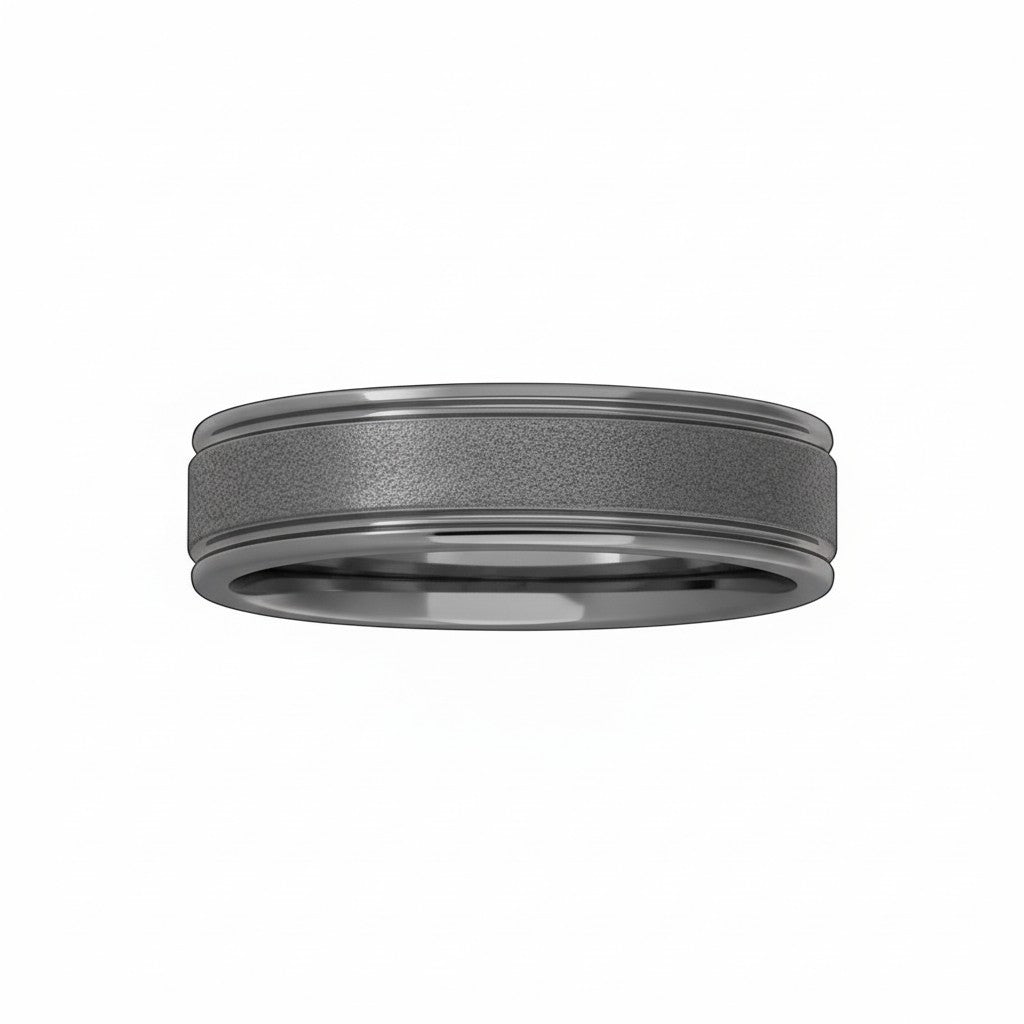Selman's Jewelers men's tungsten wedding band with rounded edges and a textured stone finish. Size 9.