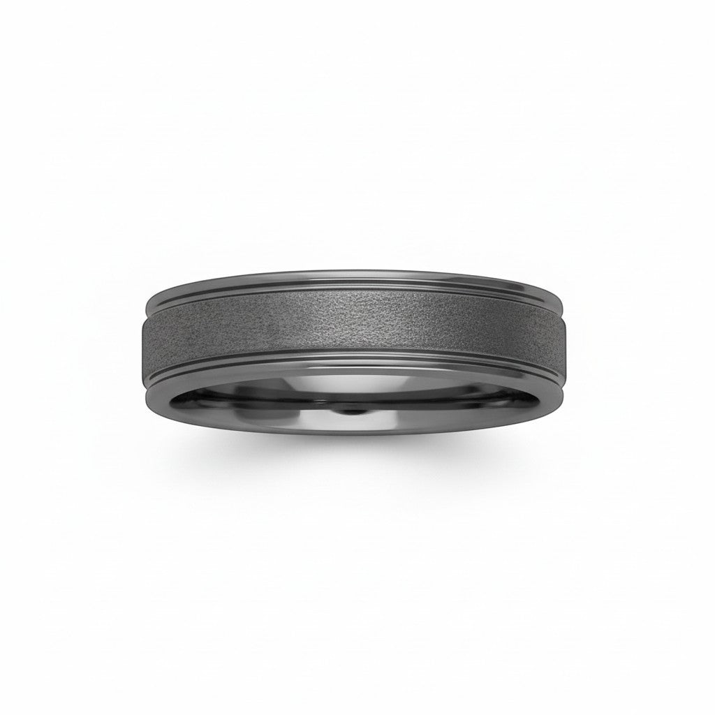 Selman's Jewelers men's tungsten wedding band with rounded edges and a rugged stone finish. Size 10.