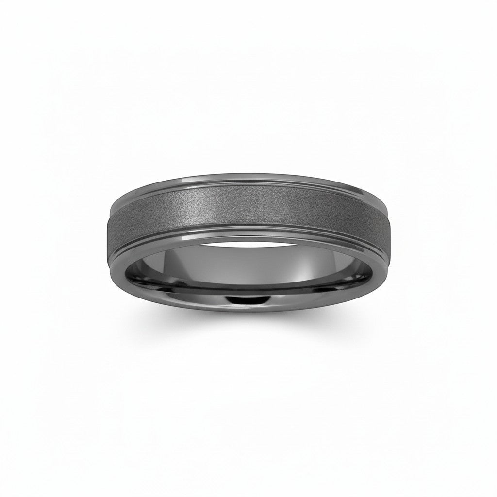Selman's Jewelers men's rugged tungsten wedding band, size 13, with rounded edges and stone finish.