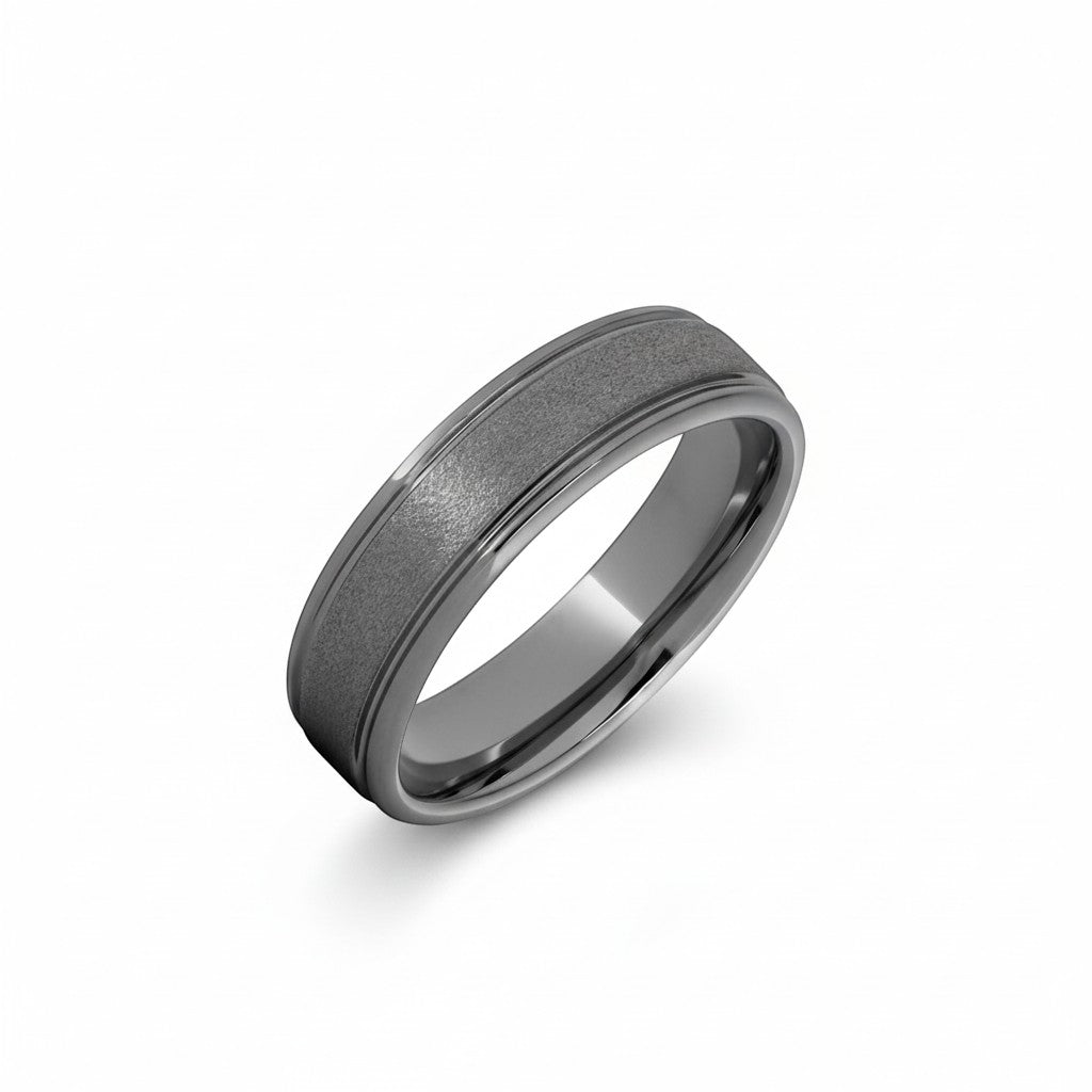Selman's Jewelers men's tungsten wedding band with rounded edges and a textured stone finish. Size 13.