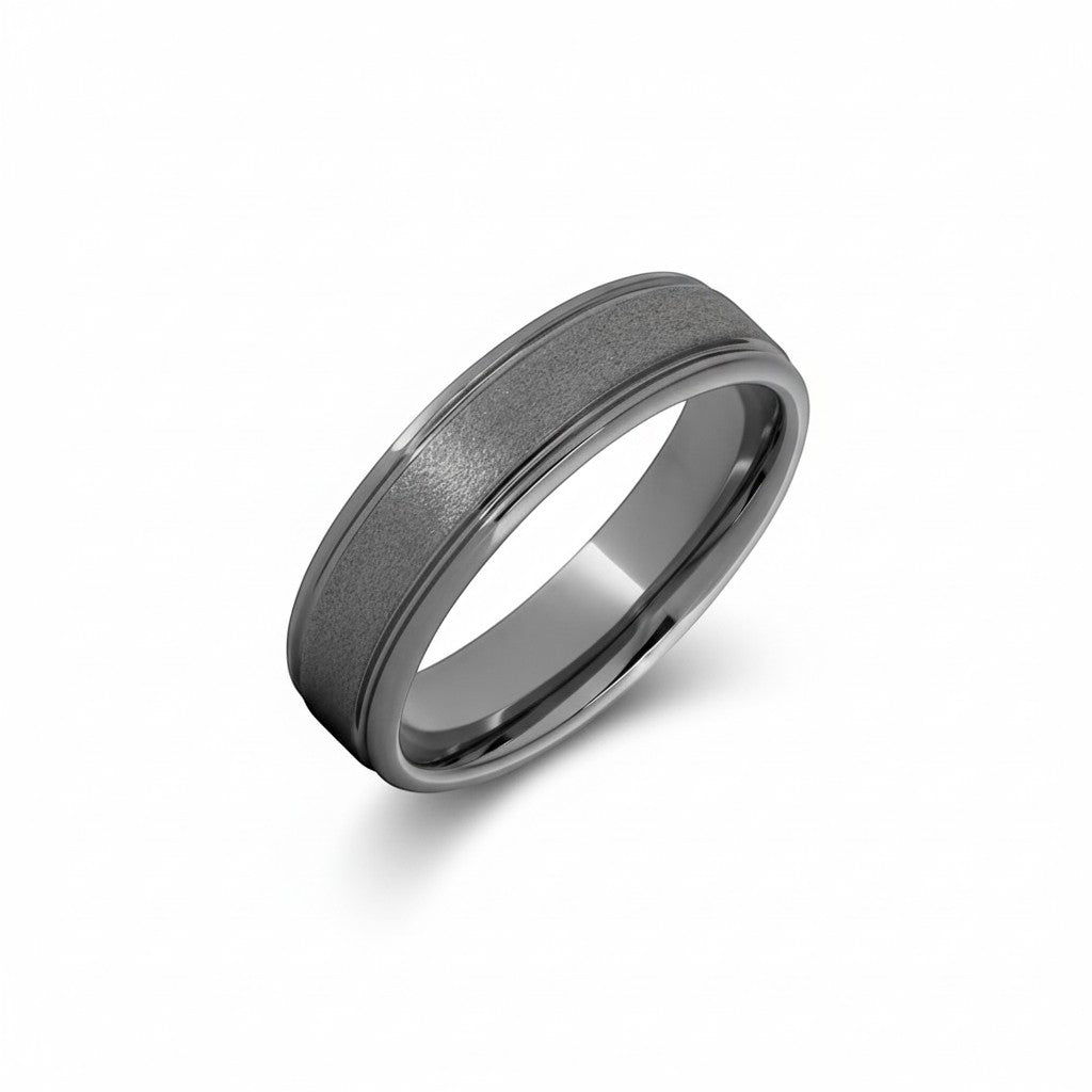 Selman's Jewelers men's tungsten wedding band, size 10, with rounded edges and a rugged stone finish.
