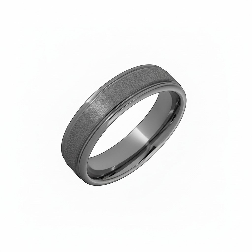 Selman's Jewelers men's tungsten wedding band with rounded edges and a rugged stone finish. Size 9.
